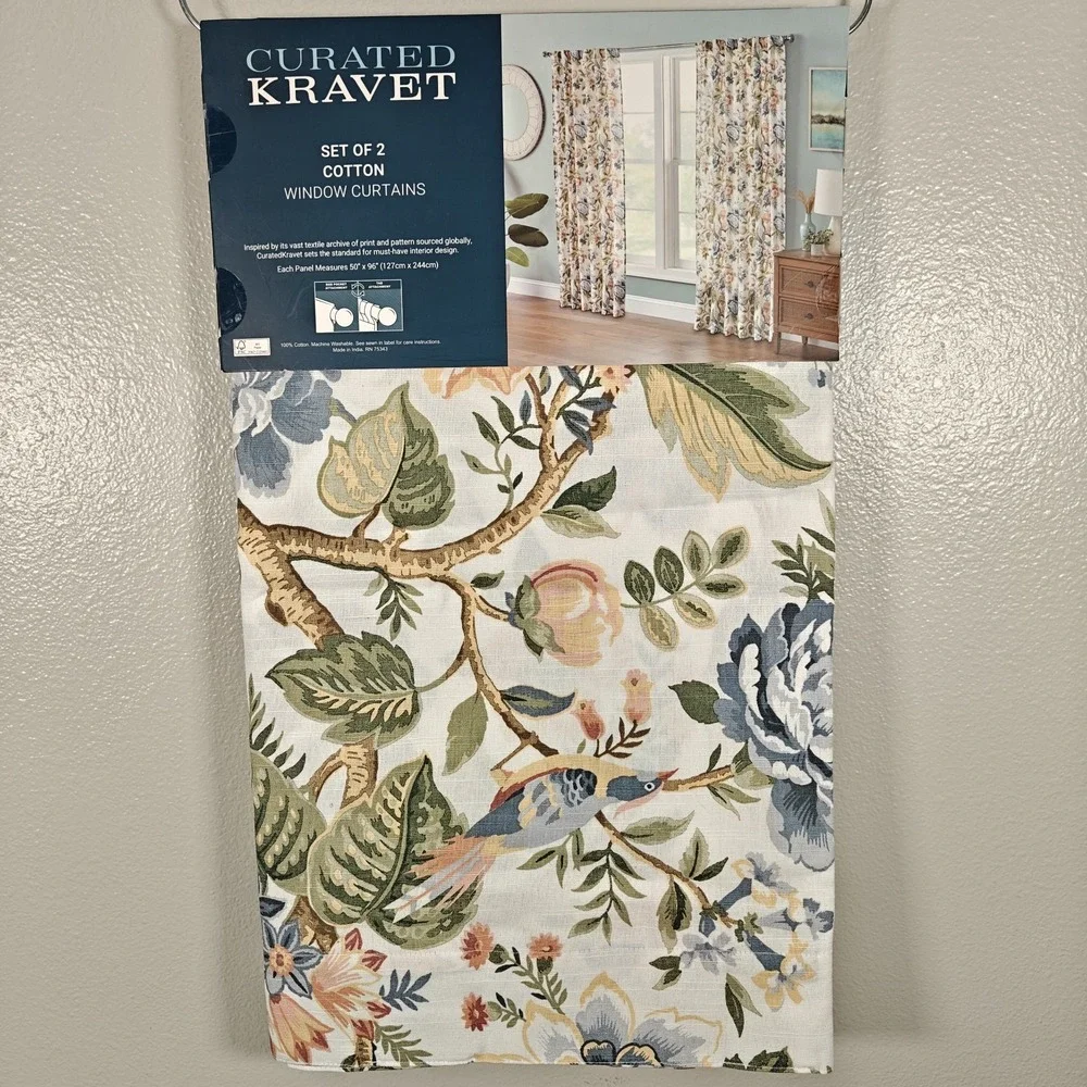 Curated Kravet 2 pc Window Curtains Jacobean Floral Birds Cotton 50